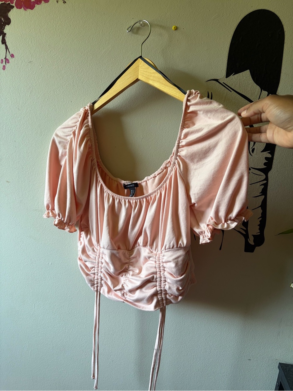 Women's Peach Drawstring Ruched Puff-Sleeve Top - Picture 7 of 7